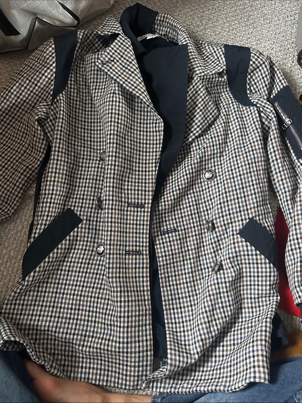 Veronica Beard Checked Double-Breasted Women’s Coat with Navy Accents